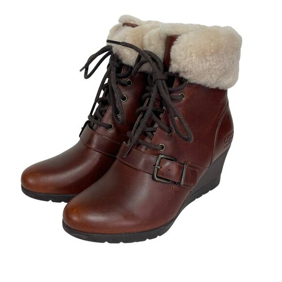 UGG Women’s Janney Brown Leather Waterproof Wedge Boot size 7 - Picture 1 of 10